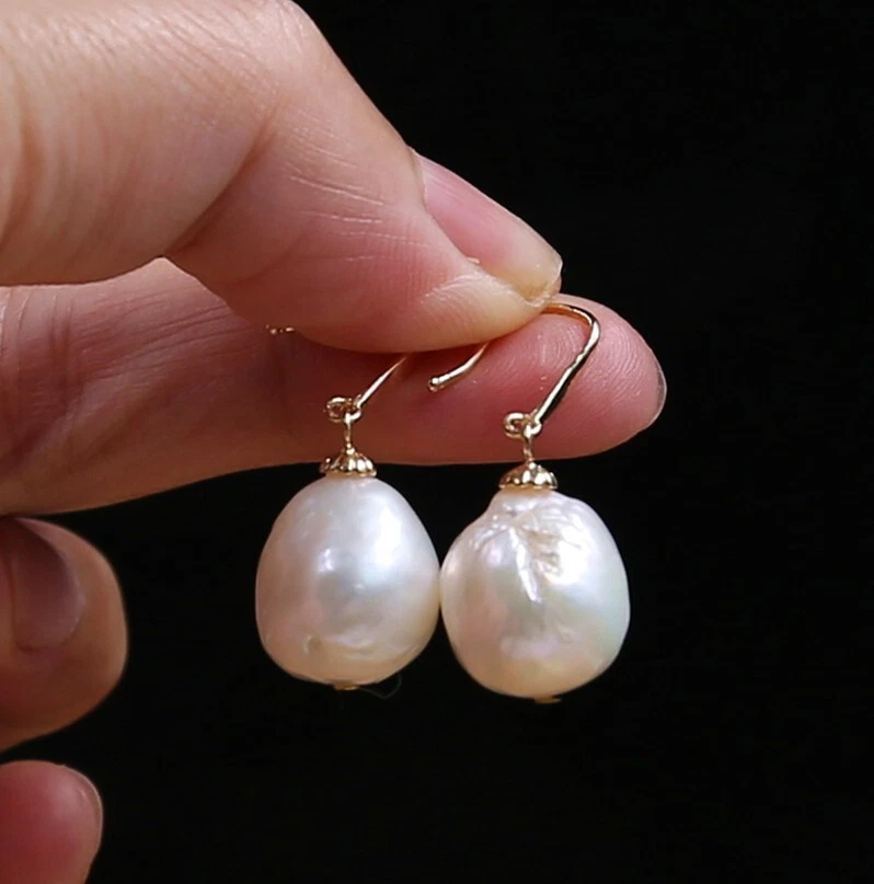 Pendientes 14 mm Blanco Barroco Perla 18k Oreja Chic Cultivado Impecables Foto 1 de 3