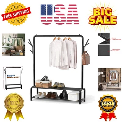 Robusto estante de armario de metal de 52 pulgadas con estantes y ganchos - acabado clásico negro Foto 1 de 4