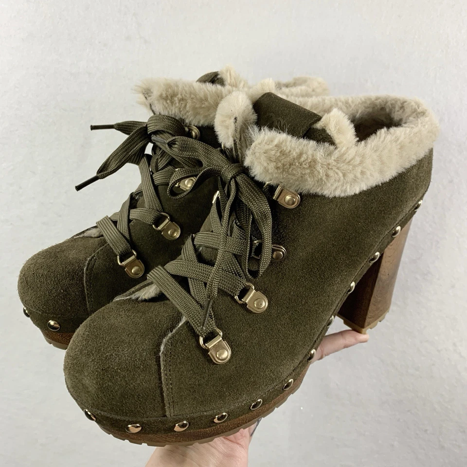 Zueco Guess Mujer Gamuza Sherling Tacón Con Cordones EE. UU. 10 Oliva Grueso Tachonado Foto 1 de 4