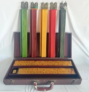 Ma Jong Set Vintage Butterscotch Bakelite 5 Colored Racks Case 162 Tiles - Picture 1 of 23