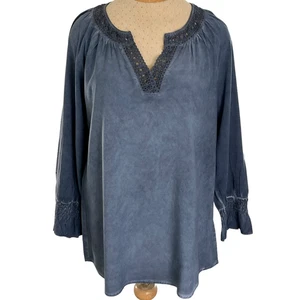 Spense Gray Crochet Neck V-Neck Long Sleeve Top XL - Picture 1 of 11