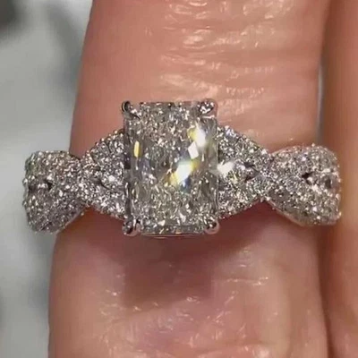 5CTW Radiant Cut Created Diamond Solitaire Engagement Ring 14K White Gold Plated - Image 1 of 4