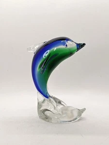 Art Glass DOLPHIN Figurine Paperweight Green Blue Clear Sculpture Jumping 5.5" - Picture 1 of 6