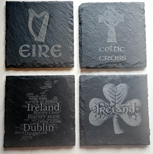 4er Set Irland/Irischer Schiefer Untersetzer, Eire, Harfe - Kleeblatt - Karte, Geschenk, Getränke - Bild 1 von 5