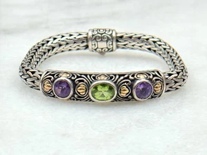 Samuel Benham Sterling Silver Bali Style Amethyst and Peridot Tulang Bracelet - Picture 1 of 5