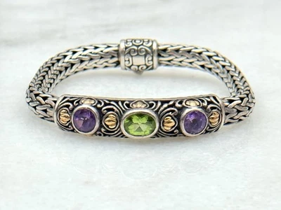Samuel Benham Sterling Silver Bali Style Amethyst and Peridot Tulang Bracelet - Image 1 of 4