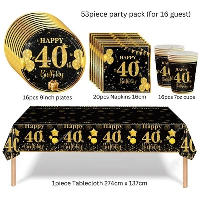 40th Birthday Party Black gold plates cups tablecloth cutlery napkins tableware