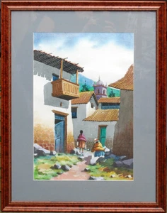 Quadro acquerello firmato scena missione spagnola messicana - Rios California - Foto 1 di 5