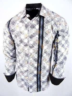 Camisa Para Hombres Blanca Negra A Cuadros Rayas Lámina Dorada Superposición Brillo Sedoso Elástico Botón Foto 1 de 4