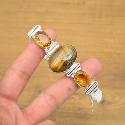 Bracciale da donna fatto a mano occhio di tigre con citrino in argento sterli... - Immagine 1 di 4