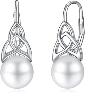 Pearl Earrings for Women 925 Sterling Silver Irish Celtic Knot Hoop Earrings Lev - Picture 1 of 7
