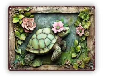 Wall Decor Rustic Ocean Sea Turtle Flowers indoor/Ourdoor Metal Tin Sign 8x12 2D - Image 1 of 2