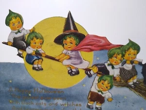 Halloween Postcard Whitney Die-cut Fantasy Green Haired Witch Children Foldout - Picture 1 of 5