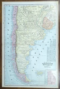 Vintage 1900 CHILE ARGENTINE REPUBLIC URUGUAY Map 14"x22"  Old Antique Original  - Picture 1 of 12