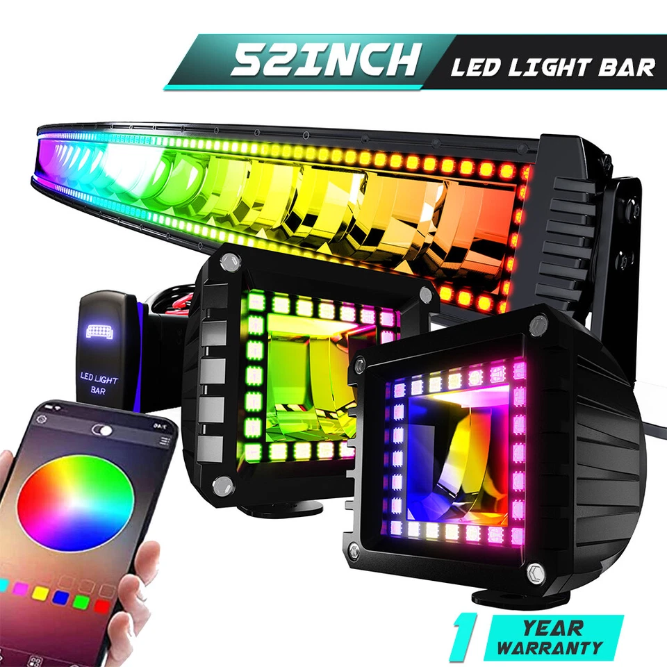 52'' LED Light Bar+2x4'' LED Pods RGB Color Chasing Halo Lights Flashing For GMC — 第 1/4 张图片