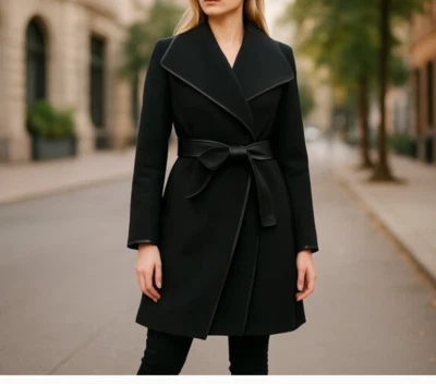 NUEVO CON ETIQUETAS $440 DKNY Abrigo Negro Borde Cuero Sintético Mezcla Lana Negro Talla-1X Foto 1 de 4