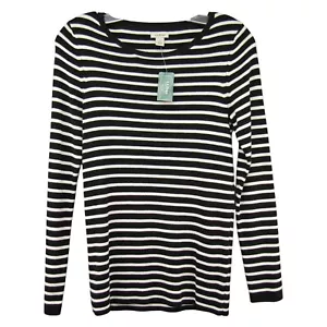 LL Bean Soft Ribbed Sweater Black White Stripe Pima Cotton Blend Size XS New Tag - Picture 1 of 10