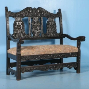 Carved Antique 19th Century Italian Upholstered Oak Bench Painted Black - Picture 1 of 12
