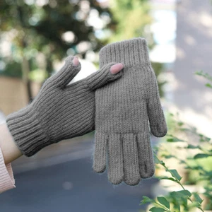 Full Finger Mittens Thick Warm Cycling Driving Gloves Solid Color Knitted Gloves - Picture 1 of 27