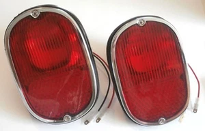 TAIL LIGHT ASSEMBLY PAIR LEFT & RIGHT RED w/ CHROME RINGS VW T2 BUS 1962-1971 - Picture 1 of 3