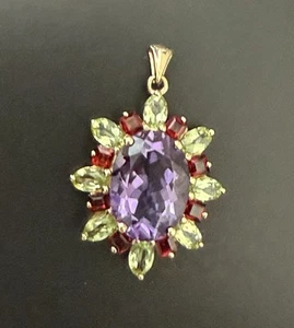 4.1 gr Solid 14K Yellow Gold STS Pendant Amethyst Peridot Garnet Cluster 14ct - Picture 1 of 9