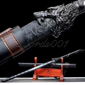 47'' Black Wolf Sword Carbon Steel Flame Pattern Chinese Tang Dao With Belt - Picture 1 of 10