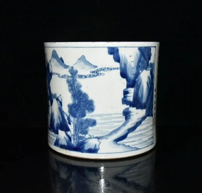 Chinese Blue&White Porcelain HandPainted Landscape Figure Brush Pot 28304 - Image 1 of 4