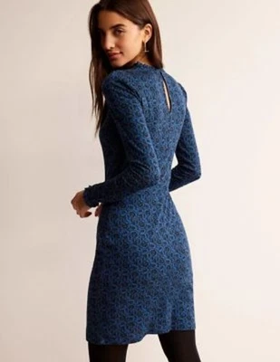 Boden Long Sleeve Floral Blue Black Mock Neck Dress, SIze 10L - Image 1 of 4