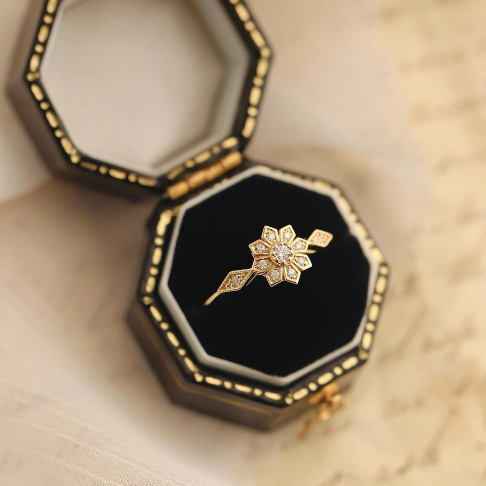 1/10Ct Round Cut CZ Floral Wedding Engagement Ring Yellow Gold Over 925 Sil - Image 1 of 4