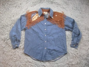 1849 Authentic Ranchwear Shirt Womens Small Blue Denim Western Fringe Suede USA - Picture 1 of 10