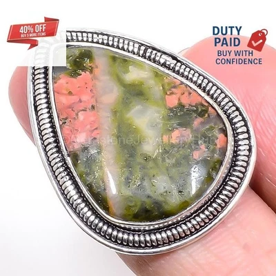 Elegante anillo de mujer talla 7 de plata de ley con chakra corazón unakite día de acción de gracias Foto 1 de 4