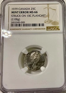1979 Canada 25 cents Mint Error struck on 10 cents NGC MS66 2.08 gram no tariffs - Picture 1 of 2