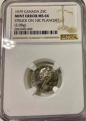 1979 Canada 25 cents Mint Error struck on 10 cents NGC MS66 2.08 gram no tariffs - Image 1 of 2