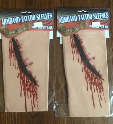 Lot Of 2 ARMBAND TATTOO SLEEVES Bloody Scar Fake Cut Pull On Sleeve Halloween - Image 1 of 4