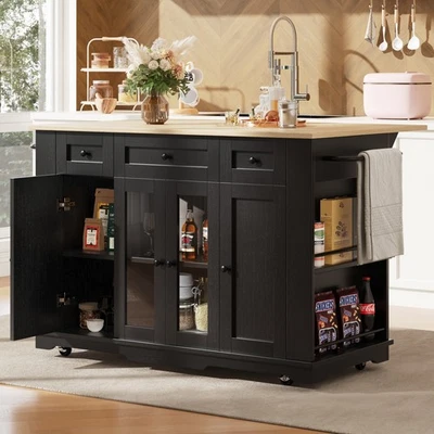 Kitchen Island Storage Cabinet Kitchen Trolley Cart with Worktop Sideboard Black - Image 1 of 4