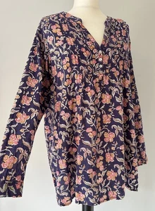 EAST Fabindia Dark Blue Pink Orange 100% Cotton Boho Kaftan Blouse Top L - Picture 1 of 19