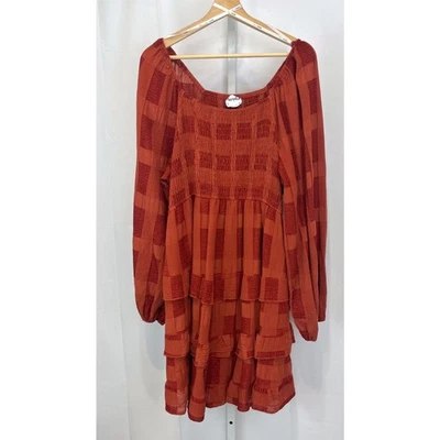 ARULA A Beautiful Soul Tiered Smocked Check Dress Long Sleeve Orange 2X Plus B - Image 1 of 4