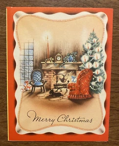 Tarjeta de felicitación de Feliz Navidad vintage de los años 40 con sobre chimenea y árbol P2A - Imagen 1 de 20