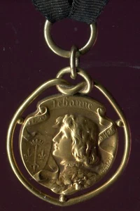 French Antique Gold medal Plated FIX Jeanne d'Arc Joan of Arc with black ribbon - Picture 1 of 4