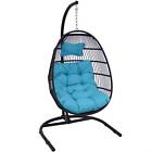 Resin Wicker Hanging Egg Chair With Steel Stand/cushions - Blue By Sunnydaze