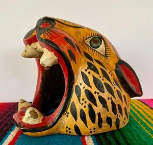 Mexican Folk Art Carved Wood Jaguar Leopard Cat Head Lion Face Mask Guerrero 7" - Bild 1 von 11