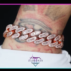Rose Gold Baguette Simulated Diamond Bracelet, Mens Iced Out Cuban Link Bracelet - Picture 1 of 11