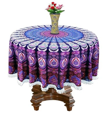 Mantel redondo de comedor estampado de algodón de 4-6 plazas con borde de encaje de 70 pulgadas Foto 1 de 3