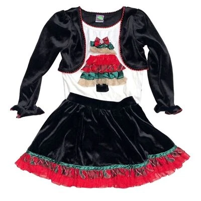 Conjunto de blusa e saia festiva de veludo preto árvore de Natal GIrl’s tamanho 5 - Imagem 1 de 4