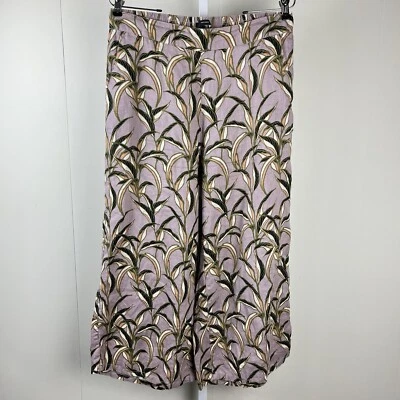 Tahari Crop Wide Leg Pants Womens Large 100% Linen Purple Floral Pull On - Image 1 of 4