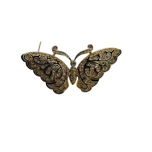 Vtg Napier Clear Rhinestones Butterfly Brooch Gold Tone Black Textured Large Pin - Picture 1 of 8