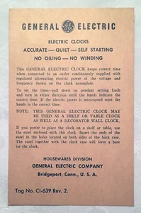 Tarjeta de garantía de reloj General Electric vintage de la década de 1950, número de etiqueta CI-639 Rev. 2 Usado en excelente estado - Imagen 1 de 2