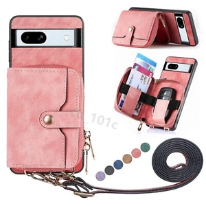 For Google Pixel 8 7A 6 Pro Leather Crossbody Strap Zipper Wallet Phone Case New - Picture 1 of 54
