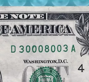 Super Radar Fancy Serial Number $1 One Dollar Bill 30008003 Currency Note 💵. - Picture 1 of 3