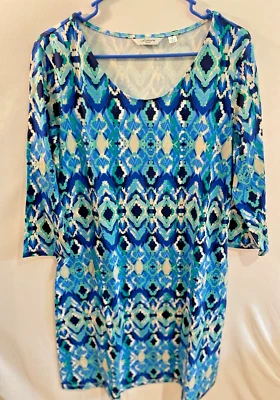 Vestido Liz Claiborne Estampado Azul Talla Mediana Cuello Redondo Elastizado Mezcla de Algodón Foto 1 de 3